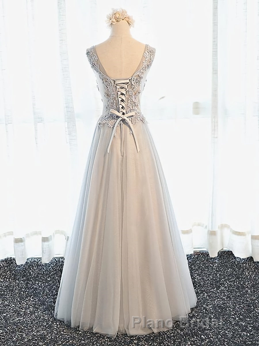 A Line V Neck Gray Floral Long Formal Prom Dresses, V Neck Gray Long Floral Formal Bridesmaid Dresses