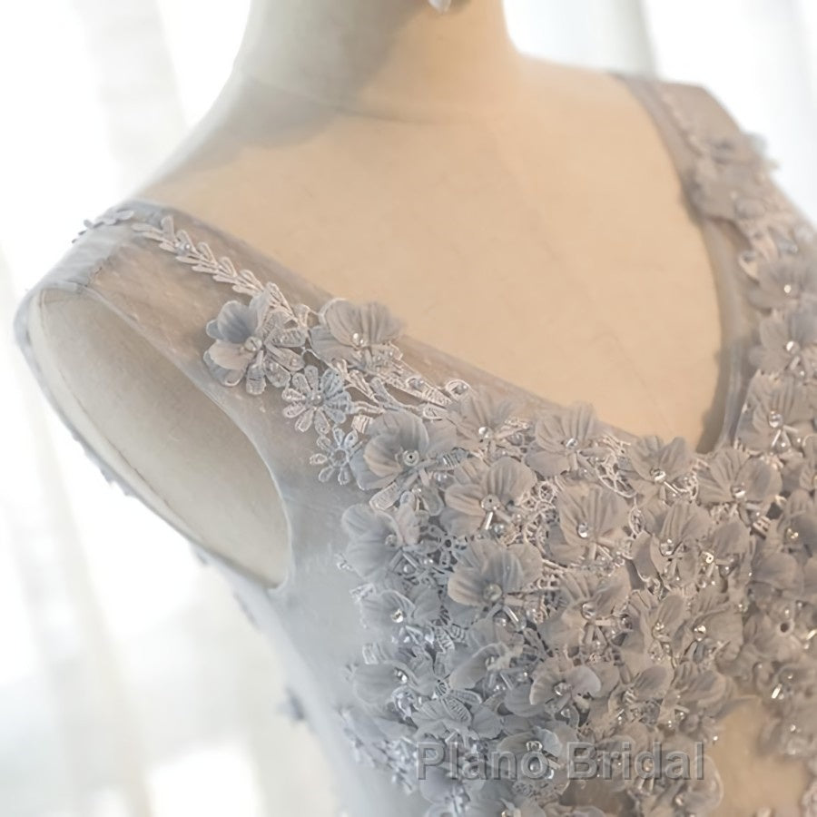 A Line V Neck Gray Floral Long Formal Prom Dresses, V Neck Gray Long Floral Formal Bridesmaid Dresses