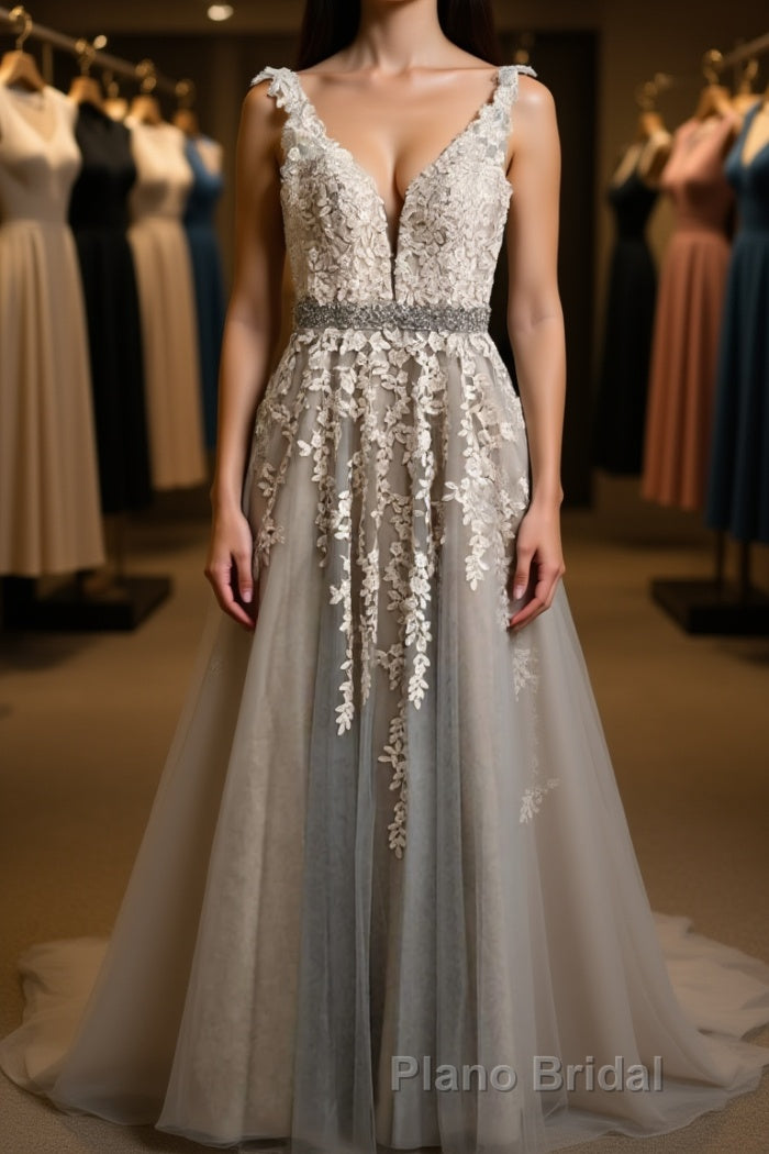 A Line V Neck Gray Lace Long Formal Prom Dress with Belt, Gray Lace Floral Formal Dress, Gray Lace Evening Dress