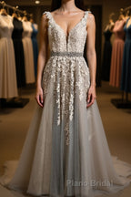 A Line V Neck Gray Lace Long Formal Prom Dress with Belt, Gray Lace Floral Formal Dress, Gray Lace Evening Dress