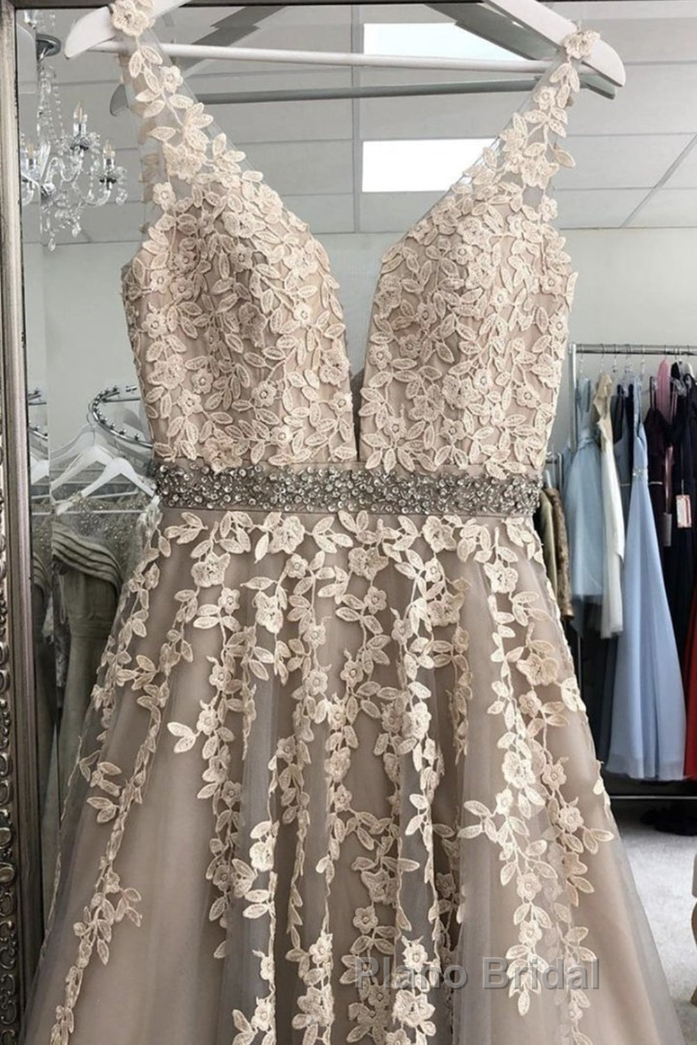 A Line V Neck Gray Lace Long Formal Prom Dress with Belt, Gray Lace Floral Formal Dress, Gray Lace Evening Dress Secondary image