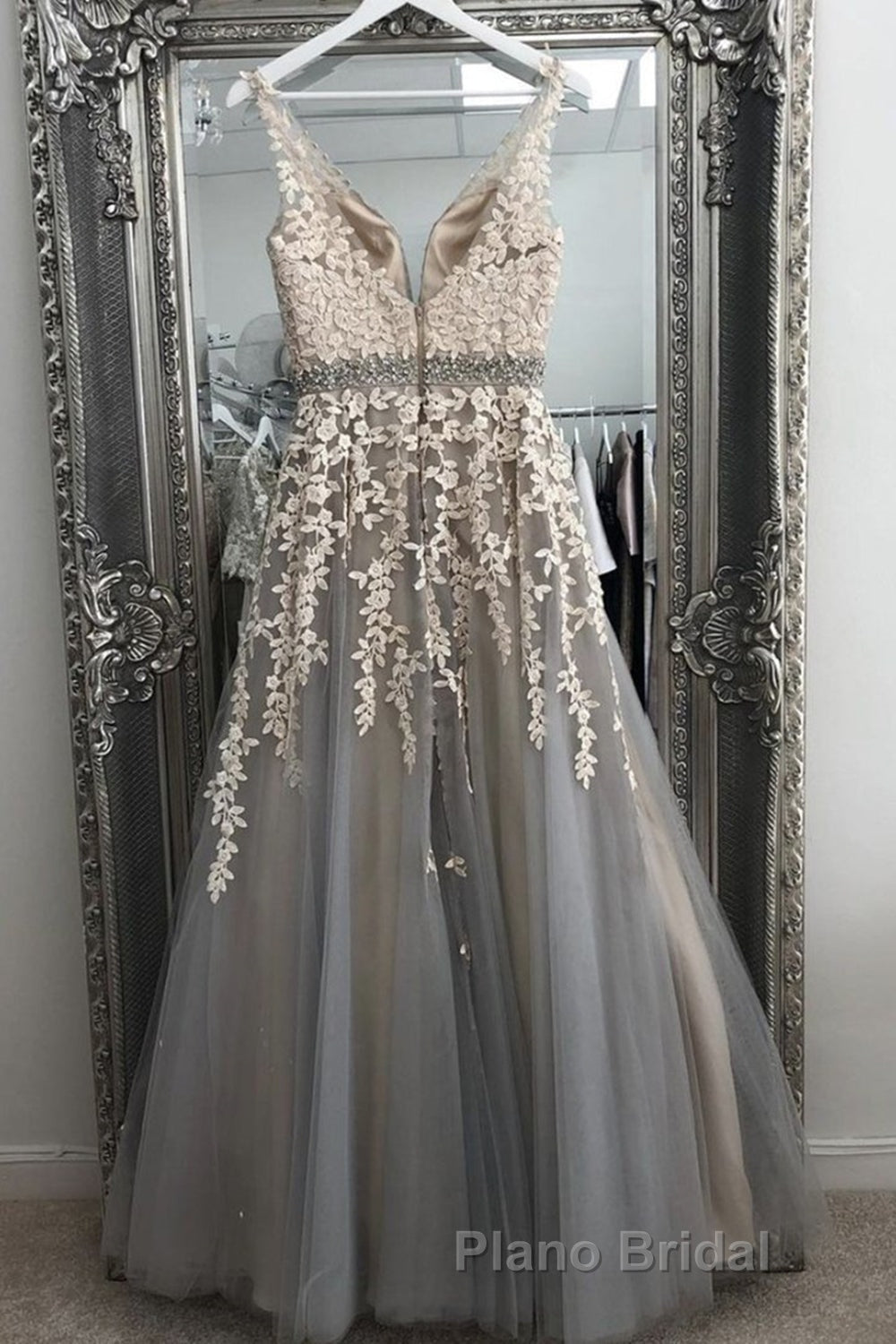 A Line V Neck Gray Lace Long Formal Prom Dress with Belt, Gray Lace Floral Formal Dress, Gray Lace Evening Dress