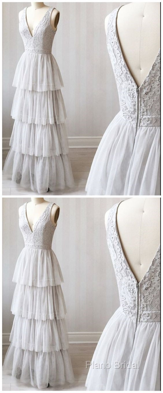 A Line V Neck Gray Lace Formal Prom Dresses, V Neck Gray Lace Formal Graduation Bridesmaid Dresses Secondary image