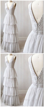 A Line V Neck Gray Lace Formal Prom Dresses, V Neck Gray Lace Formal Graduation Bridesmaid Dresses