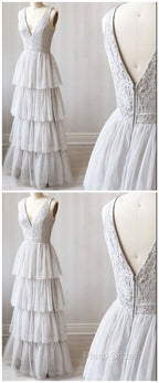 A Line V Neck Gray Lace Formal Prom Dresses, V Neck Gray Lace Formal Graduation Bridesmaid Dresses