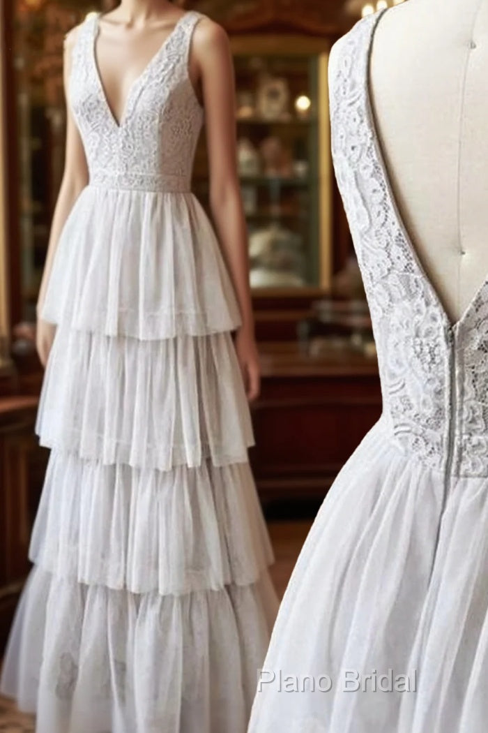 A Line V Neck Gray Lace Formal Prom Dresses, V Neck Gray Lace Formal Graduation Bridesmaid Dresses