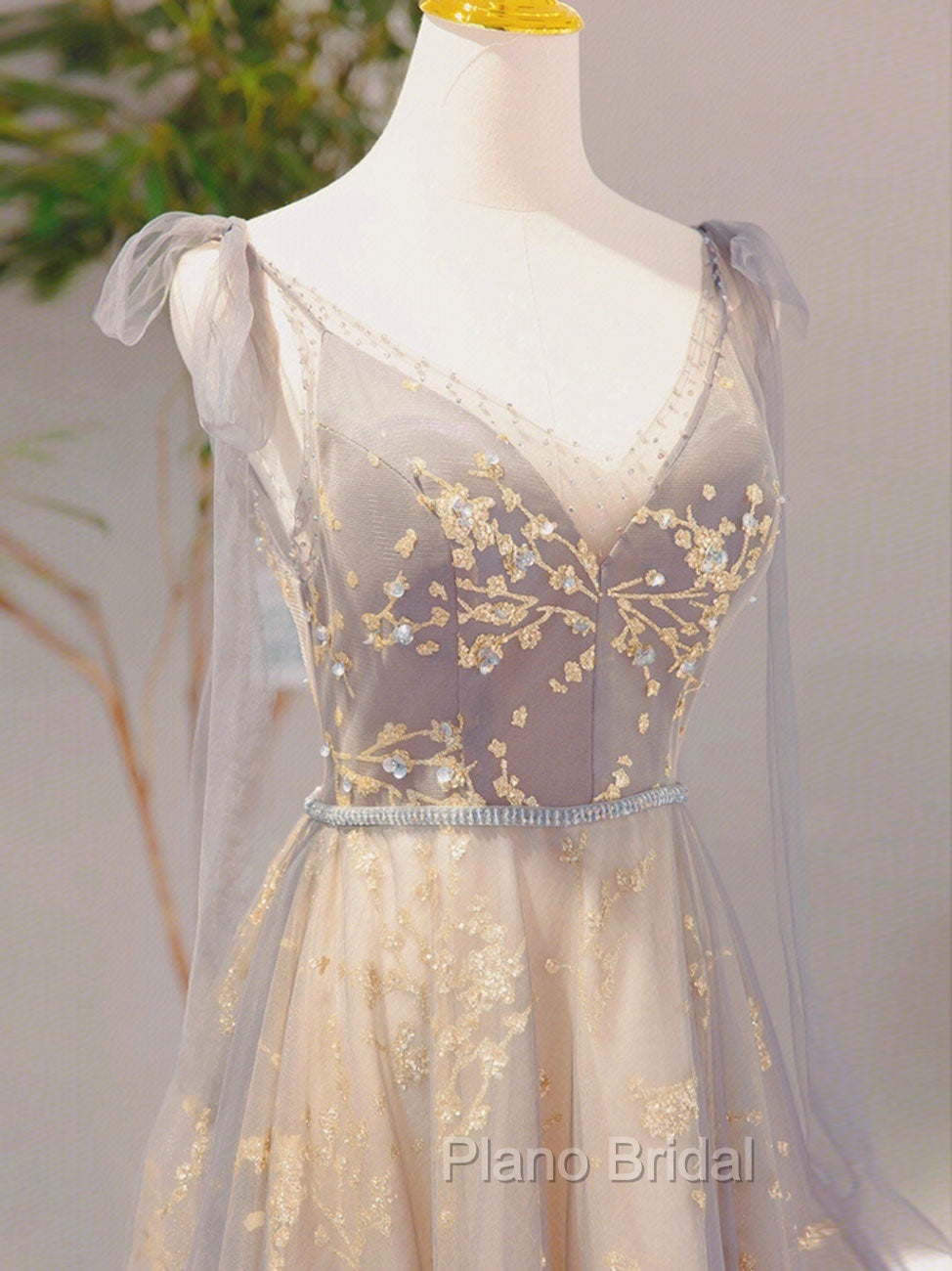 A-Line V Neck Gray Long Formal Prom Dresses, Tulle Sequin Lace Long Forma Dresses Secondary image