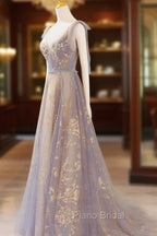 A-Line V Neck Gray Long Formal Prom Dresses, Tulle Sequin Lace Long Forma Dresses