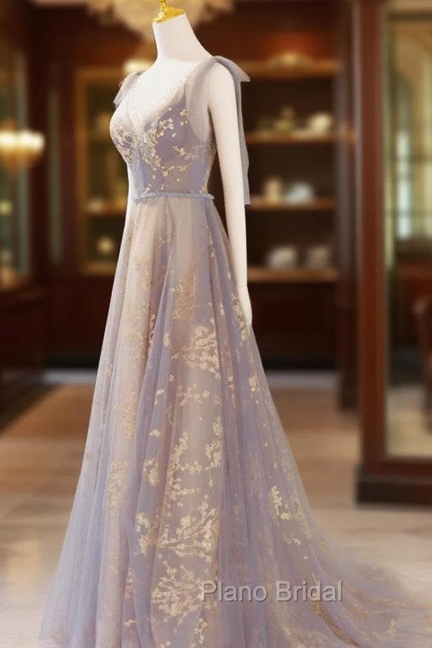 A-Line V Neck Gray Long Formal Prom Dresses, Tulle Sequin Lace Long Forma Dresses