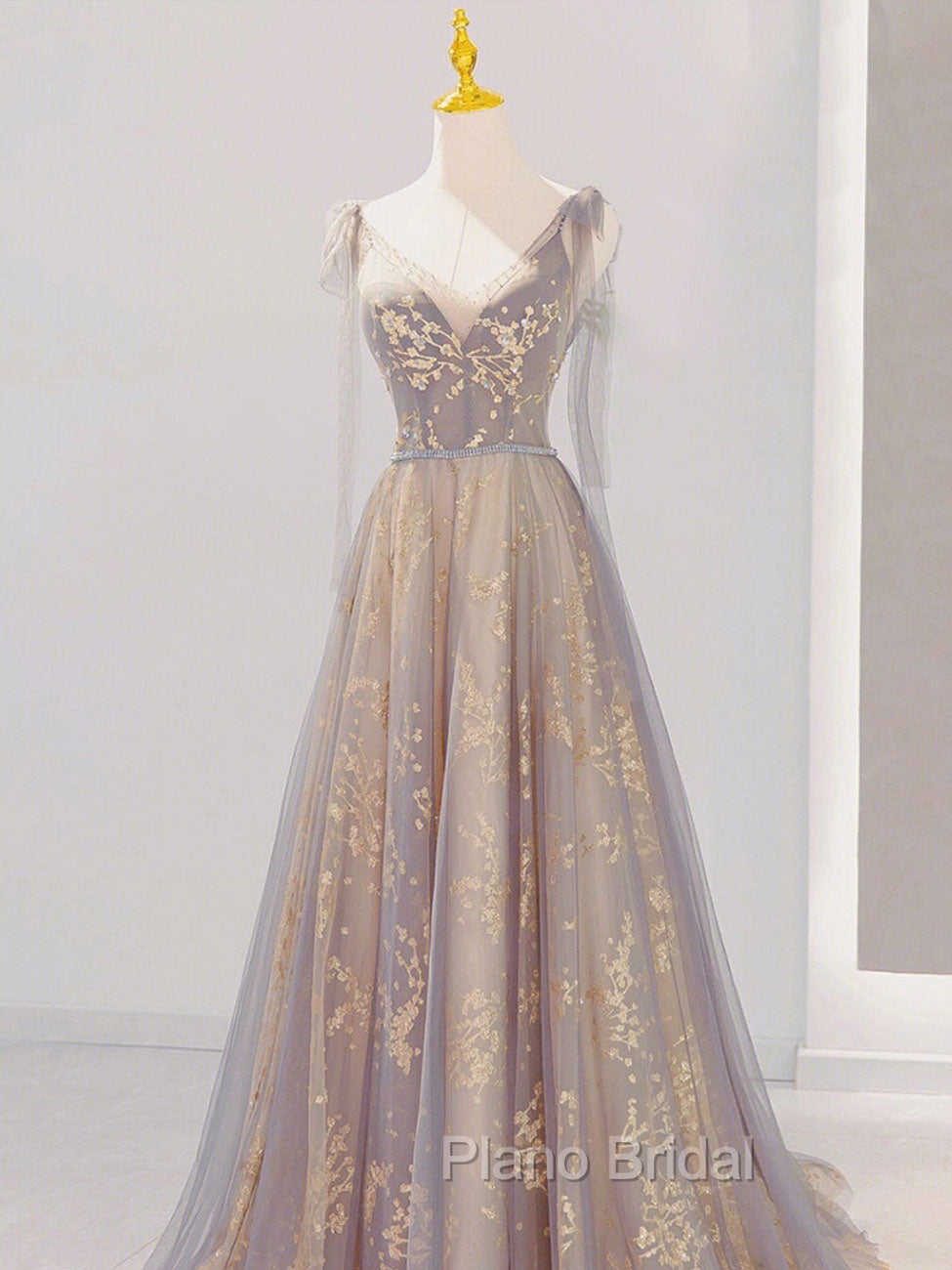 A-Line V Neck Gray Long Formal Prom Dresses, Tulle Sequin Lace Long Forma Dresses Main image