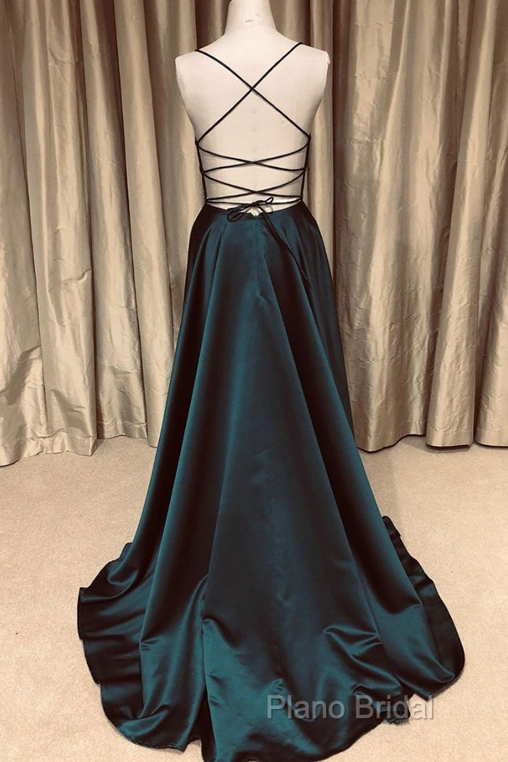 A Line V Neck Green/Blue Backless Long Formal Prom Dresses, V Neck Backless Green/Blue Formal Graduation Formal Dresses
