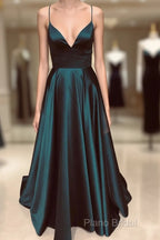 A Line V Neck Green/Blue Backless Long Formal Prom Dresses, V Neck Backless Green/Blue Formal Graduation Formal Dresses
