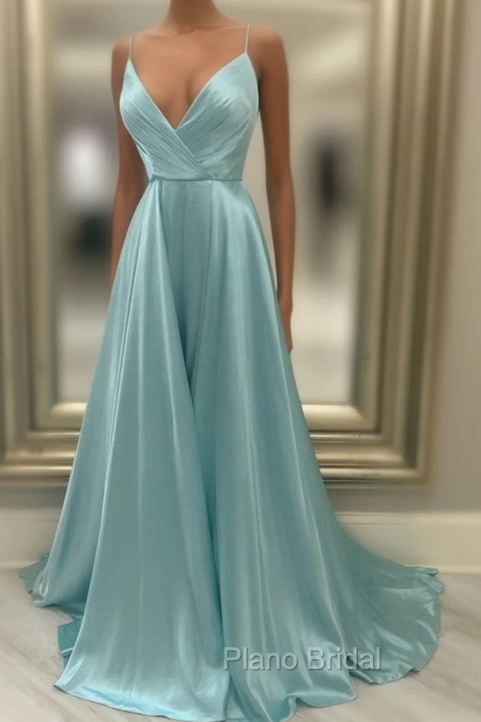 A Line V Neck Green Satin Long Formal Prom Dresses, Green V Neck Long Formal Evening Dresses