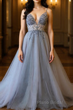 A Line V Neck Grey Beaded Long Formal Prom Dress with Split, Grey Beaded Formal Graduation Evening Dress