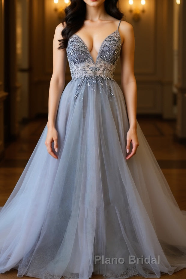 A Line V Neck Grey Beaded Long Formal Prom Dress with Split, Grey Beaded Formal Graduation Evening Dress