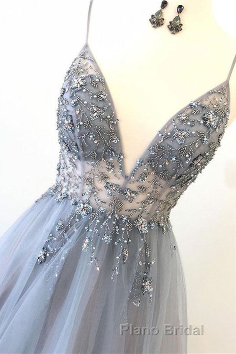 A Line V Neck Grey Beaded Long Formal Prom Dress with Split, Grey Beaded Formal Graduation Evening Dress