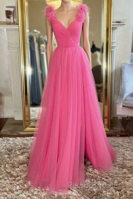 A Line V Neck Hot Pink Tulle Long Formal Prom Dress with Slit, Hot Pink Formal Graduation Evening Dress