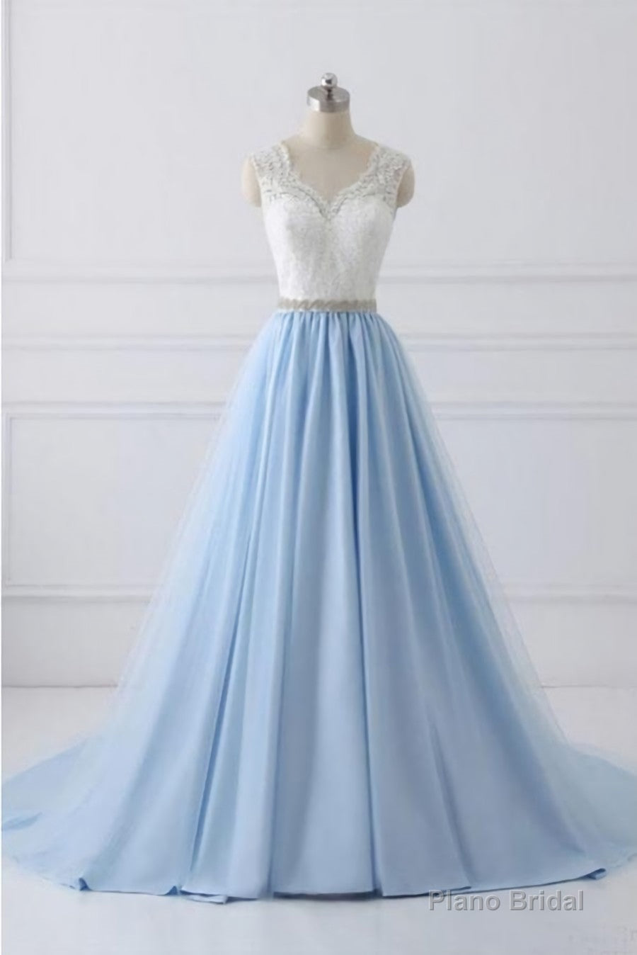 A Line V-neck Lace Appliques Bodice Long Prom Dresses,Elegant Prom Dress with Beads Main image