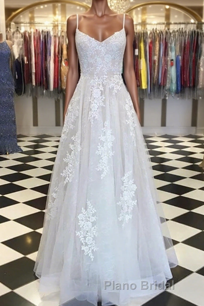 A Line V Neck Lace Appliques White Formal Prom Dress Wedding Dress, White Lace Formal Dress, White Evening Dress