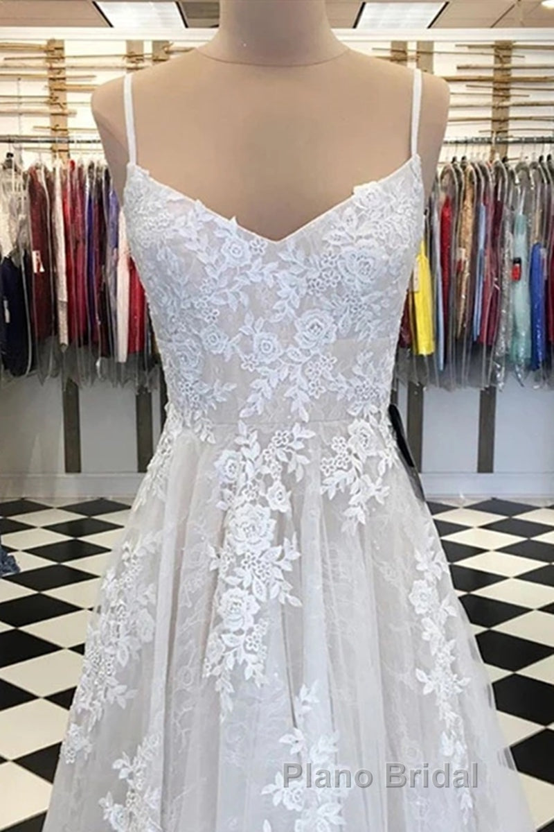 A Line V Neck Lace Appliques White Formal Prom Dress Wedding Dress, White Lace Formal Dress, White Evening Dress