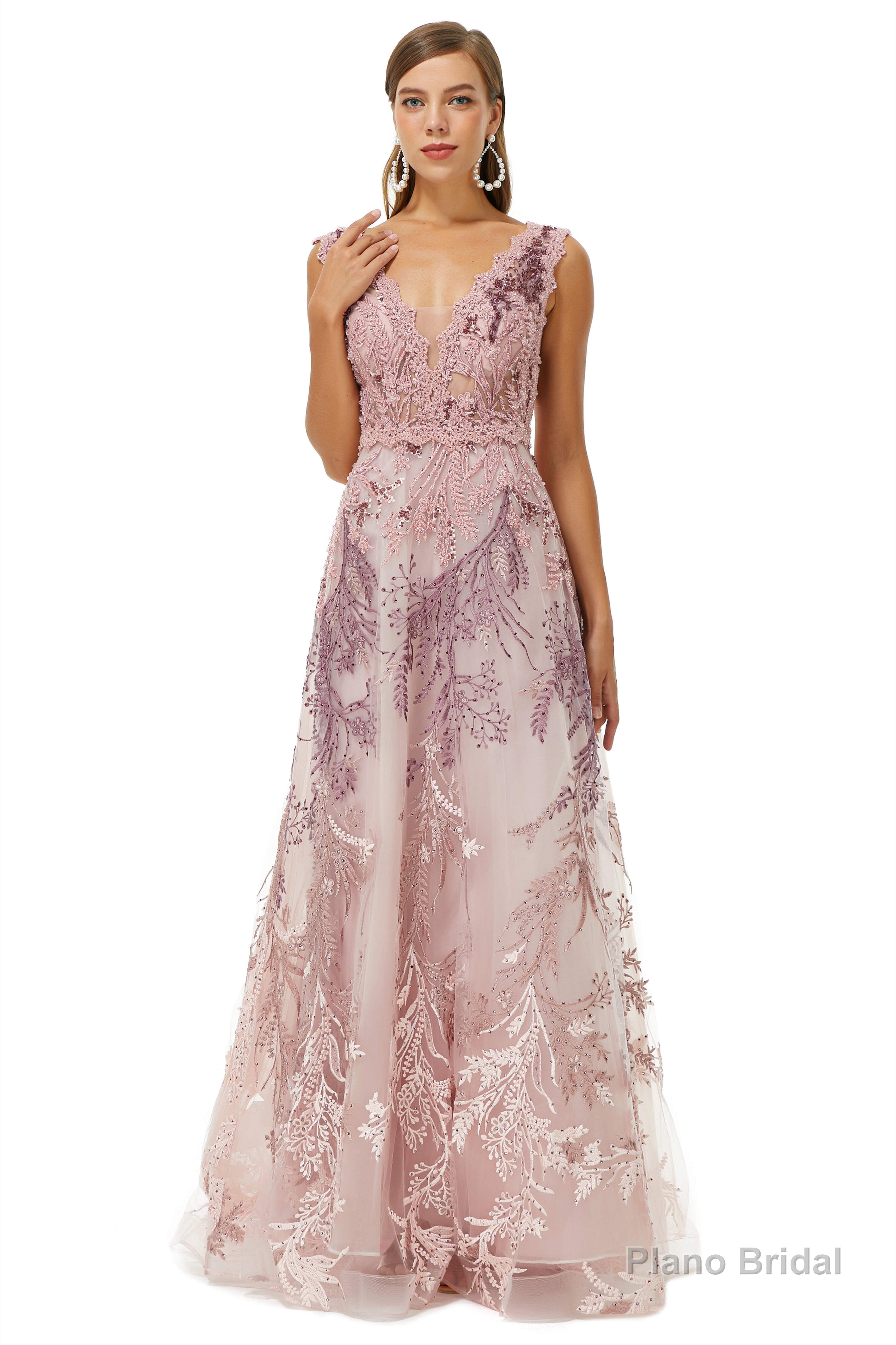 A-line V-neck Lace Beaded Applique Floor-length Sleeveless Prom Dresses Secondary image