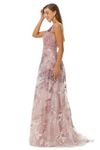 A-line V-neck Lace Beaded Applique Floor-length Sleeveless Prom Dresses