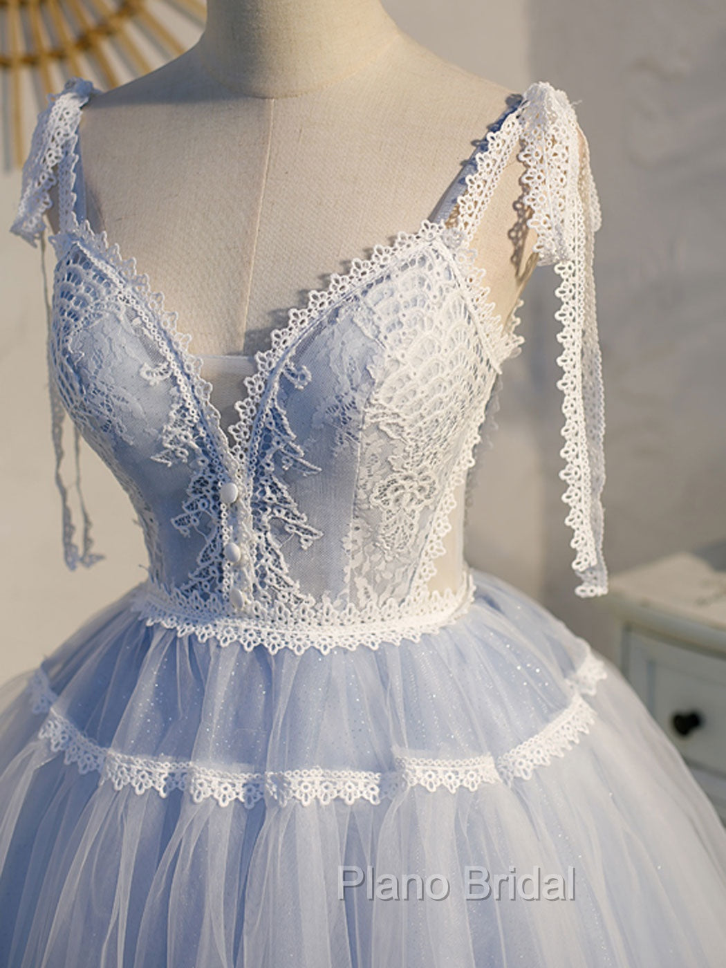 A Line V Neck Lace Blue Short Formal Prom Dresses, Blue Puffy Homecoming Dresses Secondary image