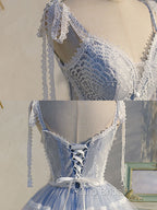 A Line V Neck Lace Blue Short Formal Prom Dresses, Blue Puffy Homecoming Dresses