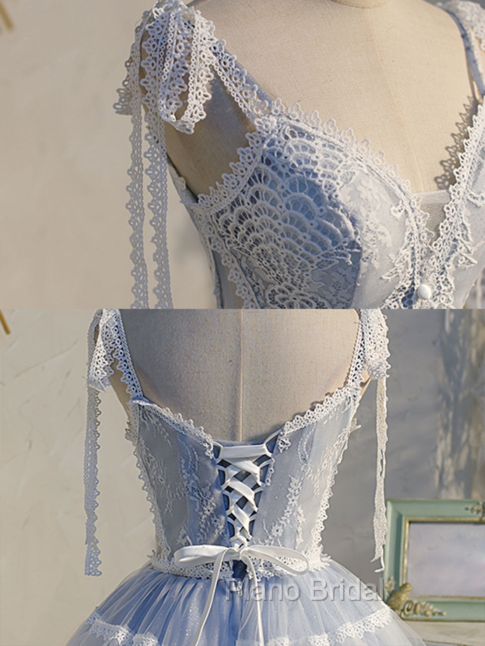 A Line V Neck Lace Blue Short Formal Prom Dresses, Blue Puffy Homecoming Dresses