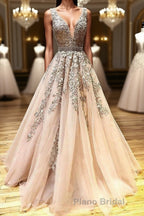 A Line V Neck Lace Champagne Tulle Long Formal Prom Dress, V Neck Lace Champagne Formal Dress, Champagne Lace Evening Dress