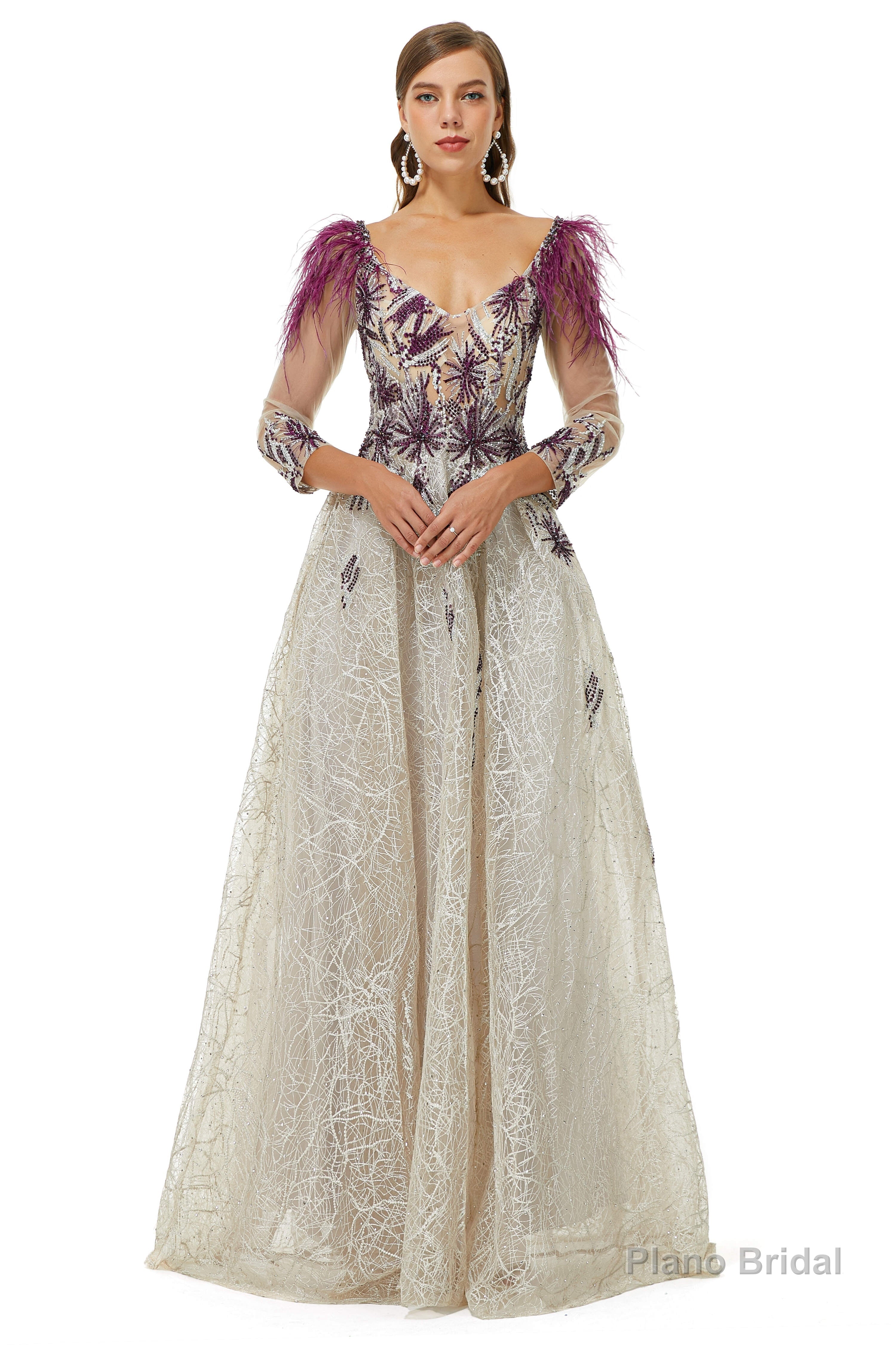 A-Line V-Neck Lace Floor-Length Long Sleeve Open Back Beading Prom Dresses Main image