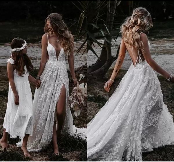 A-Line V Neck Lace Formal Prom Dresses With Split