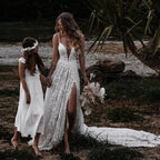 A-Line V Neck Lace Formal Prom Dresses With Split