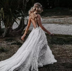 A-Line V Neck Lace Formal Prom Dresses With Split
