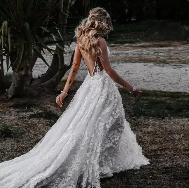 A-Line V Neck Lace Formal Prom Dresses With Split