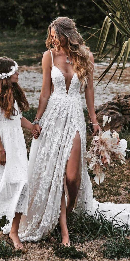 A-Line V Neck Lace Formal Prom Dresses With Split Main image