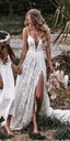 A-Line V Neck Lace Formal Prom Dresses With Split