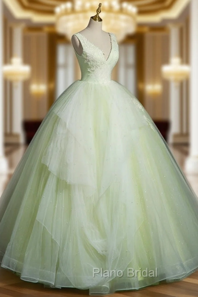 A-Line V Neck Lace Tulle Green Long Formal Prom Dresses, Green Sweet 16 Dresses Main image