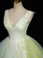 A-Line V Neck Lace Tulle Green Long Formal Prom Dresses, Green Sweet 16 Dresses