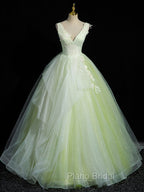 A-Line V Neck Lace Tulle Green Long Formal Prom Dresses, Green Sweet 16 Dresses