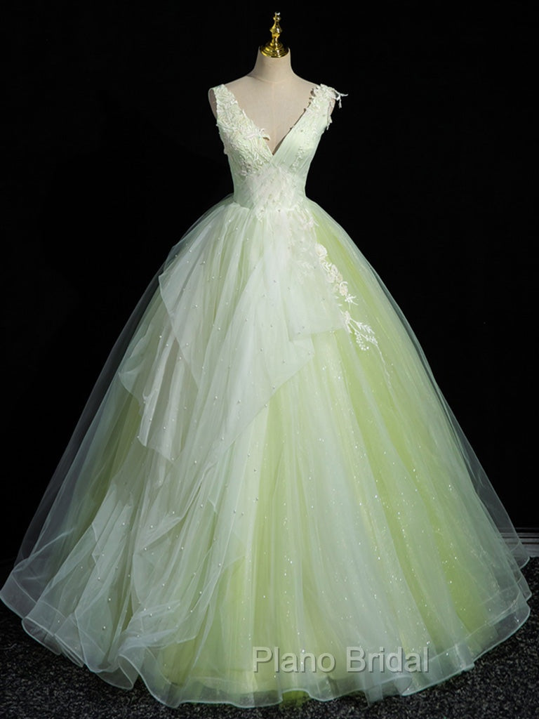 A-Line V Neck Lace Tulle Green Long Formal Prom Dresses, Green Sweet 16 Dresses