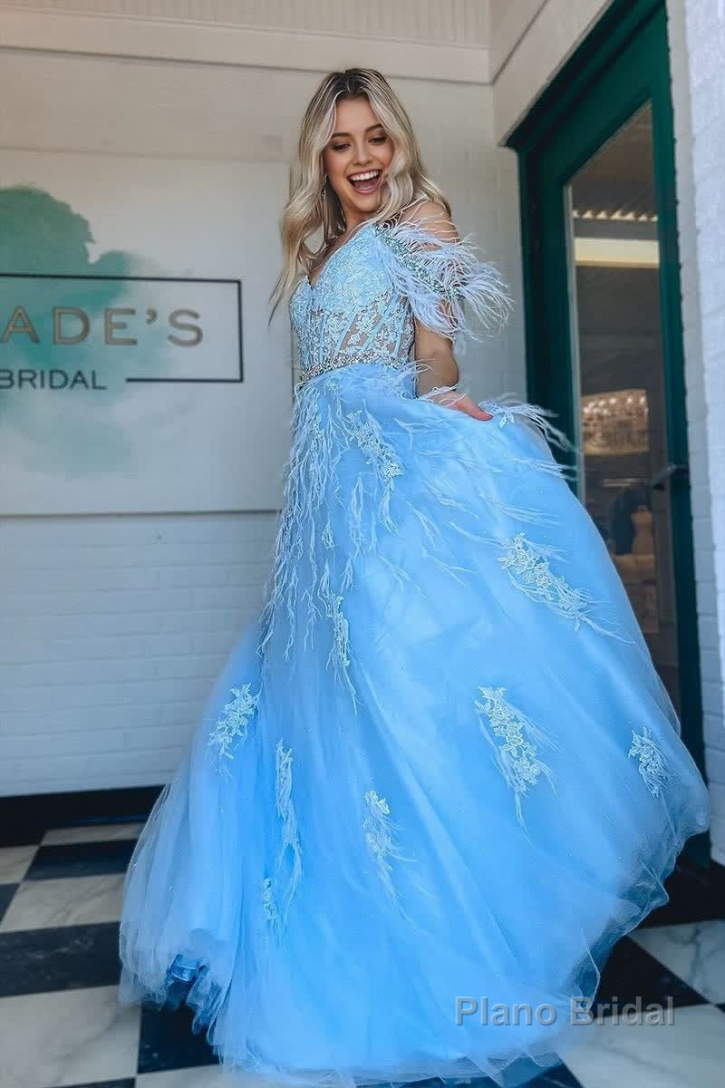 A line V Neck Lace Tulle Prom Dress with Beading and Feather Main image