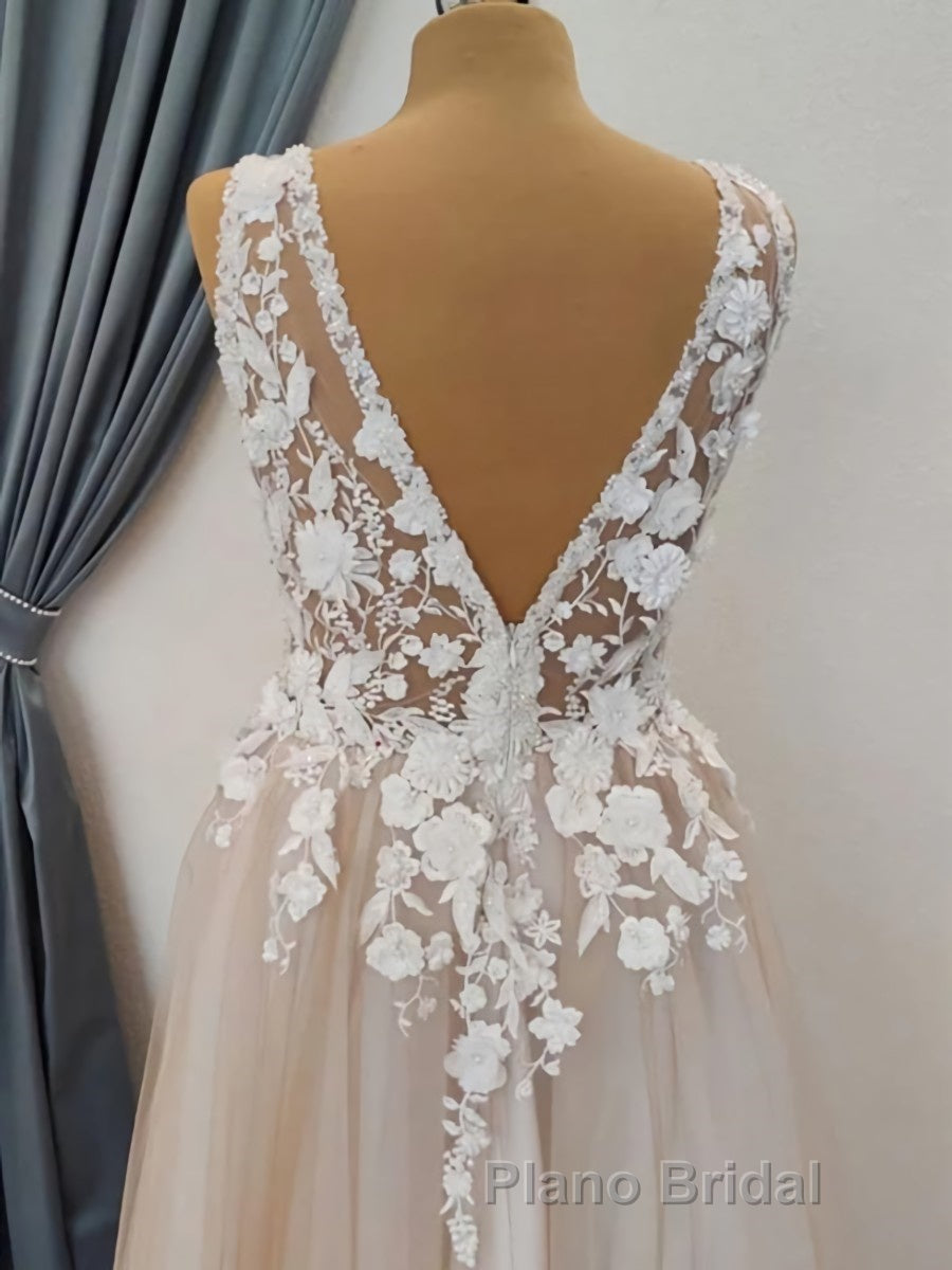 A Line V Neck Long Champagne Lace Wedding Dresses, Champagne Lace Long Formal Formal Prom Dresses