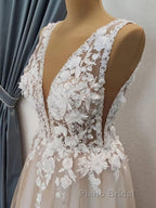 A Line V Neck Long Champagne Lace Wedding Dresses, Champagne Lace Long Formal Formal Prom Dresses