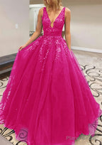 A-line V Neck Long/Floor-Length Lace Tulle Prom Dresses With Appliqued