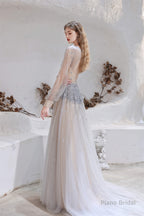 A Line V-Neck Long Sleeve Beading Tulle Court Train Prom Dresses