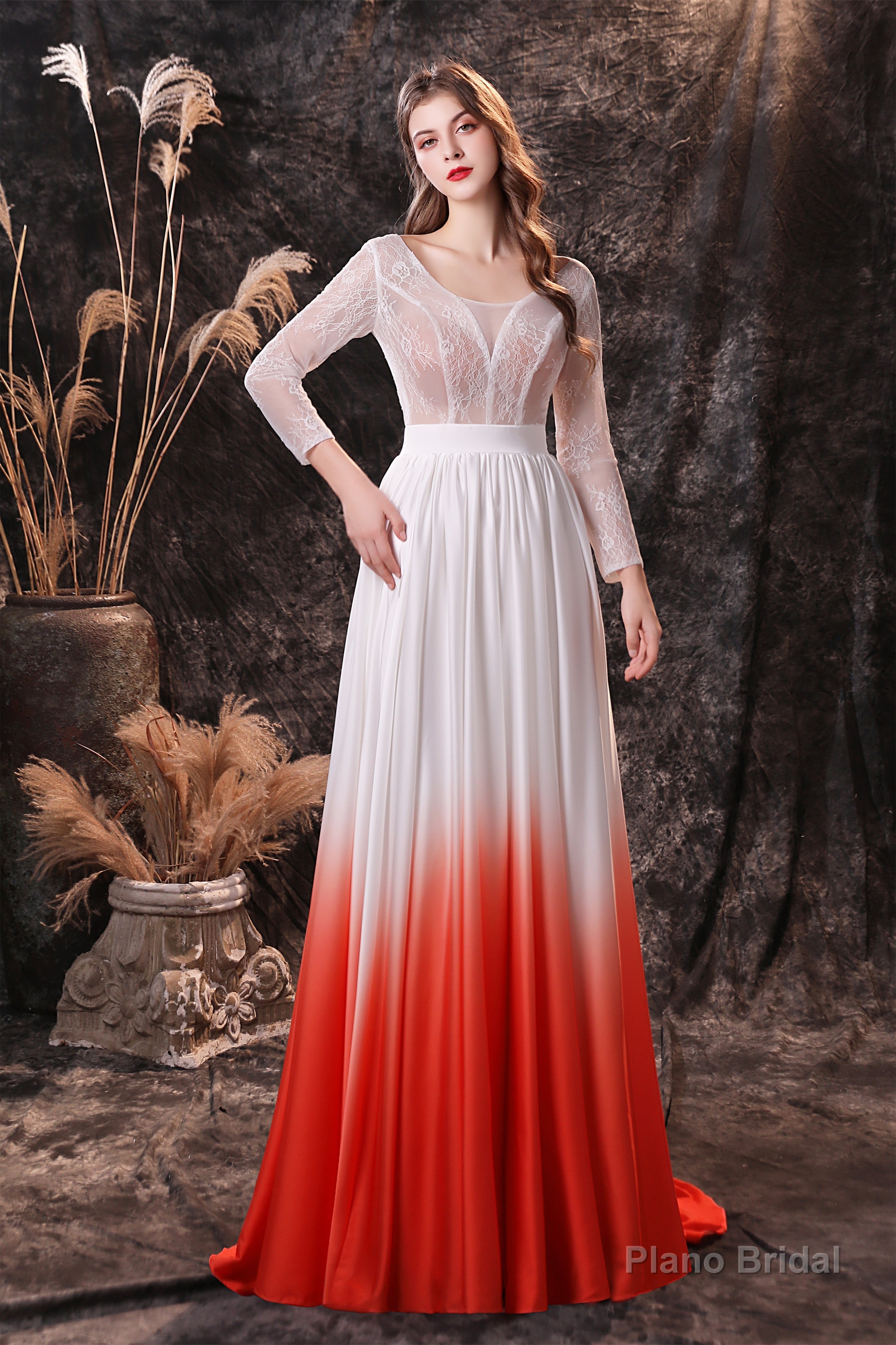 A Line V-Neck Long Sleeve Ombre Silk Like Satin Sweep Train Prom Dresses Main image