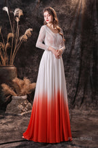 A Line V-Neck Long Sleeve Ombre Silk Like Satin Sweep Train Prom Dresses