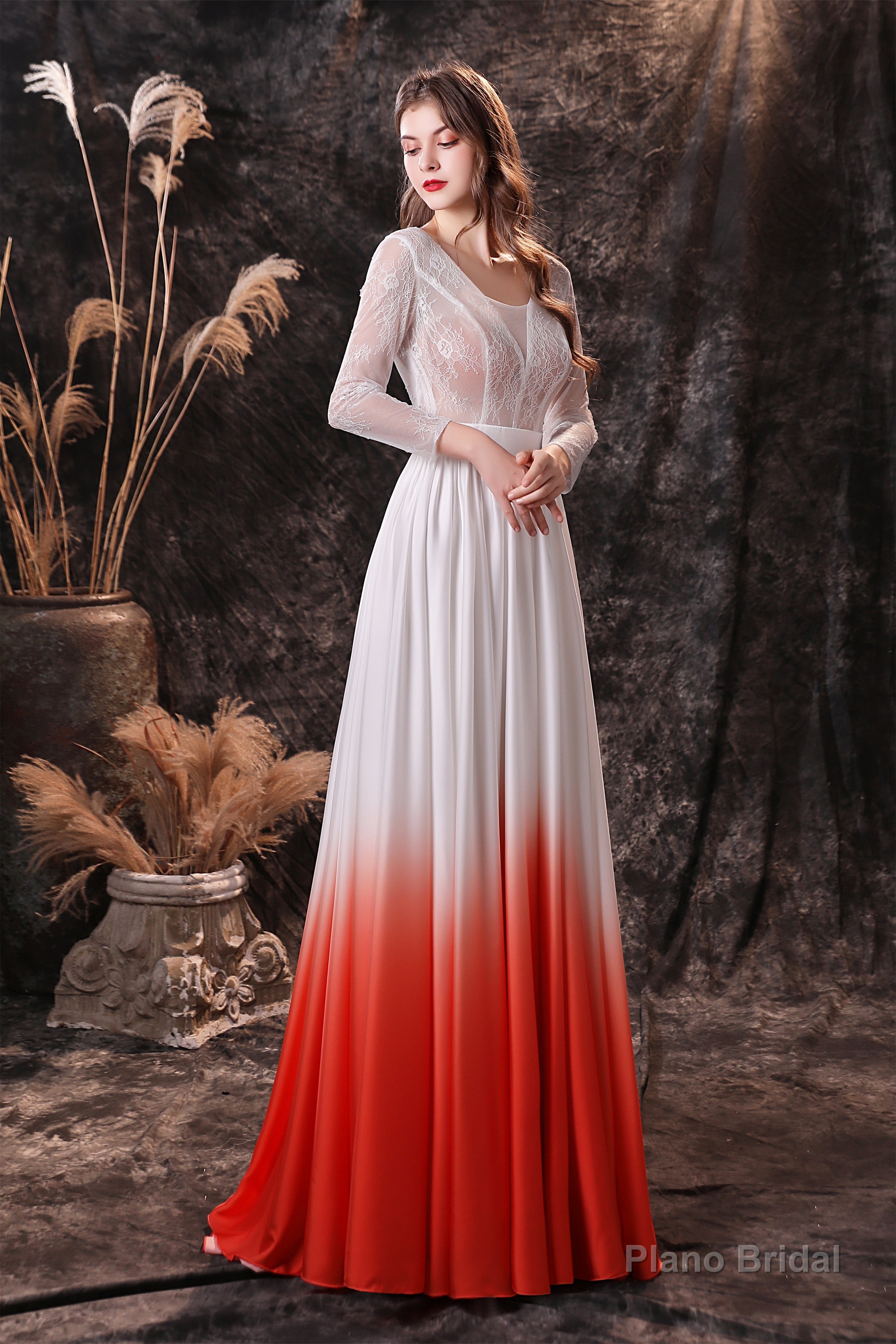 A Line V-Neck Long Sleeve Ombre Silk Like Satin Sweep Train Prom Dresses