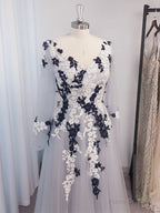 A-line V-neck Long Sleeves Appliques Lace Floor-Length Tulle Dress